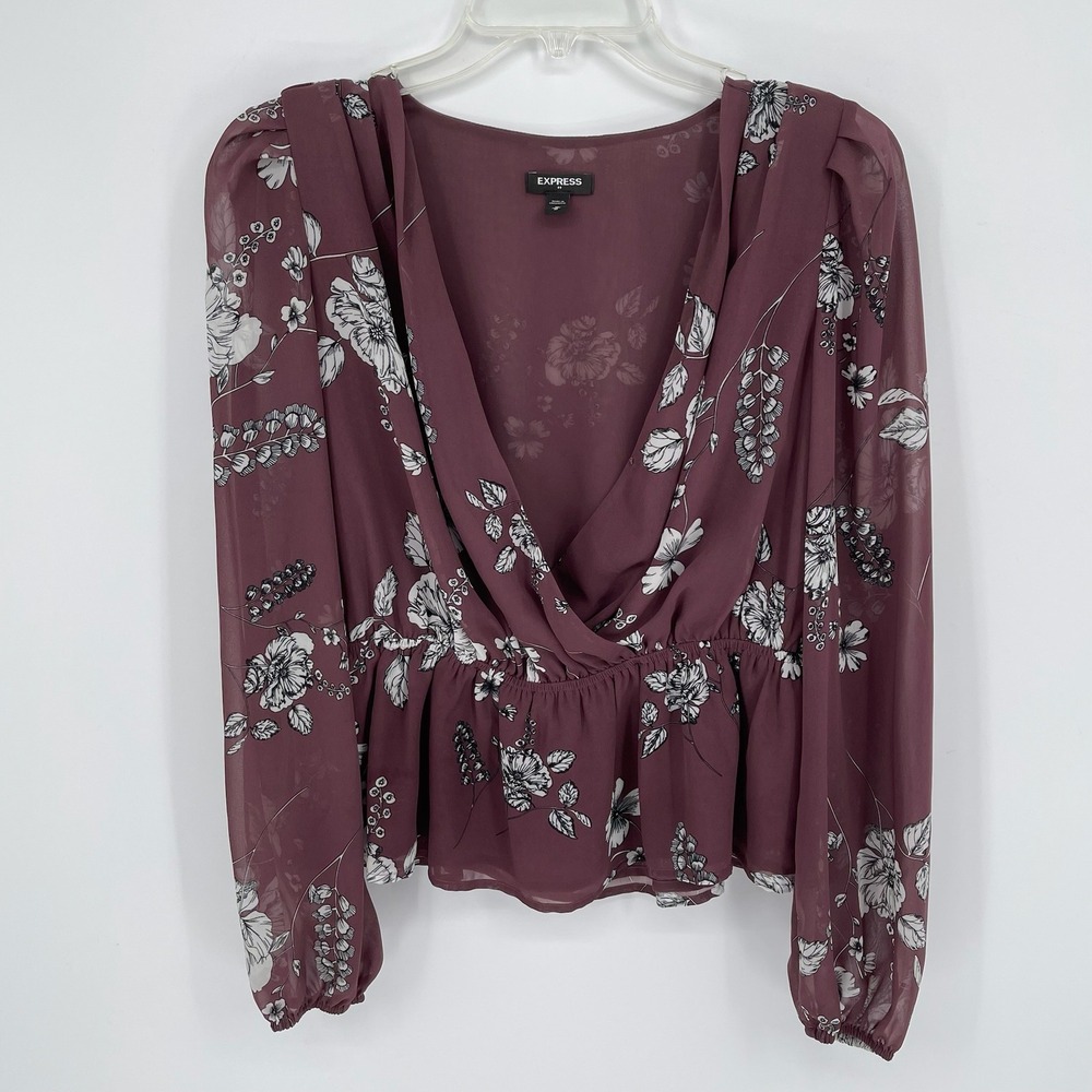 Express Women's‎ Purple Floral Surplice Peplum Blouse Size M